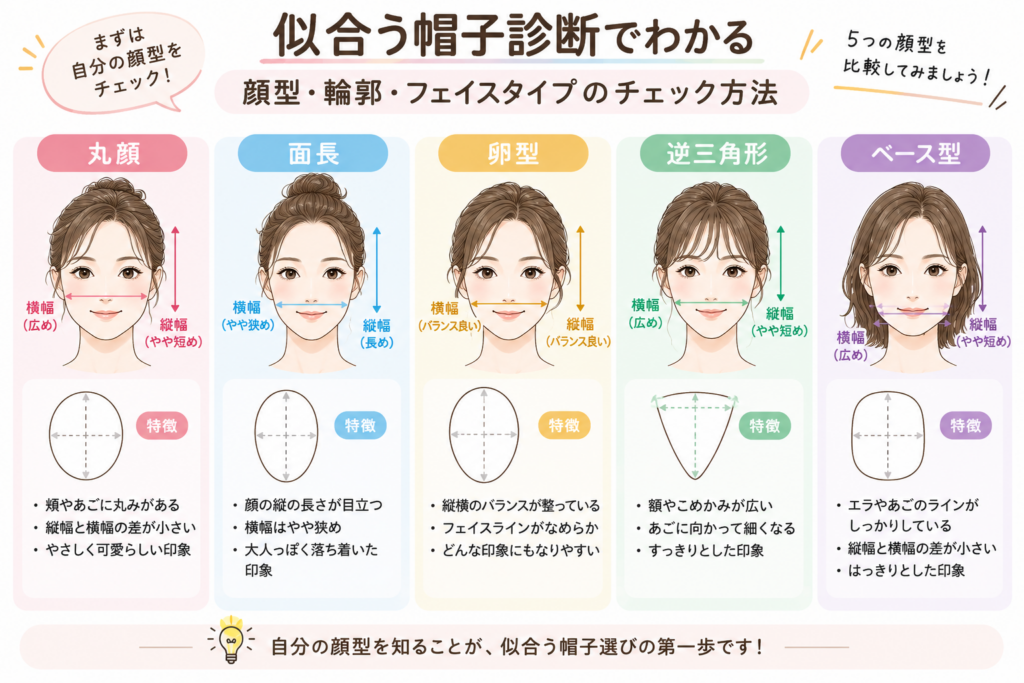 【イラスト②：顔型セルフチェック「丸顔・面長・卵型・逆三角形・ベース型」の比較図】