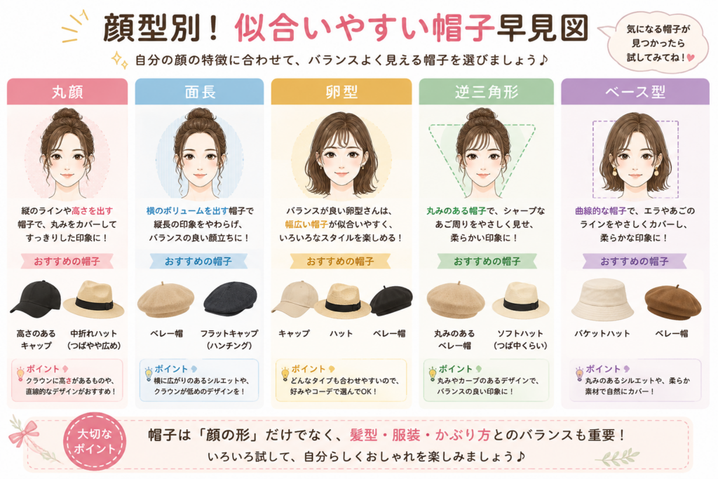【イラスト③：顔型別「似合いやすい帽子」早見図】