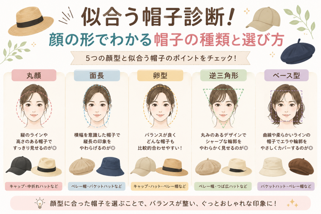 【イラスト①：記事タイトル直下のアイキャッチ「5つの顔型と似合う帽子」】