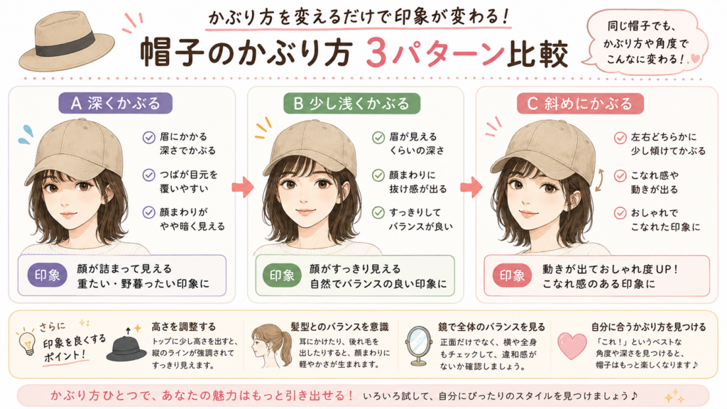 【イラスト⑤：同じ人物で比較する「深くかぶる・浅くかぶる・斜めにかぶる」のビフォーアフター】